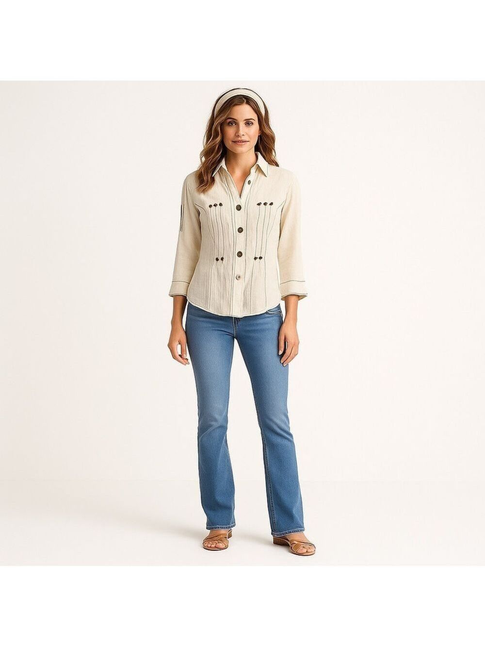 Elisa Cavaletti button down shirt 100% linen 3/4 sleeves Italian designer medium